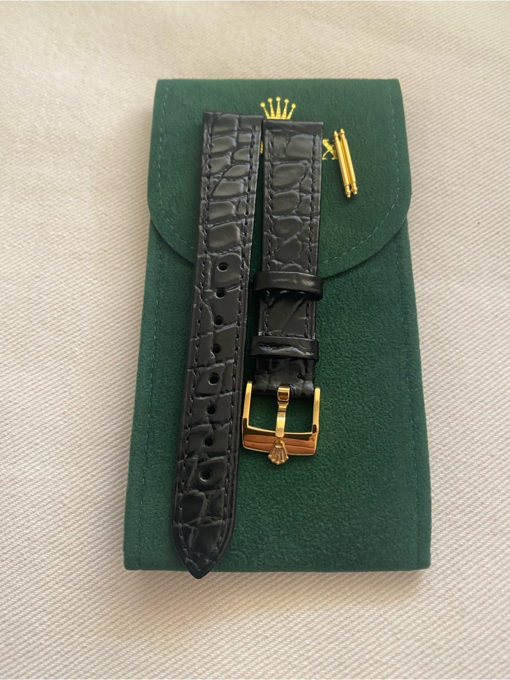 Rolex Vintage 16mm Black Crocodile Leather Watch Strap with Gold Plated Buckle